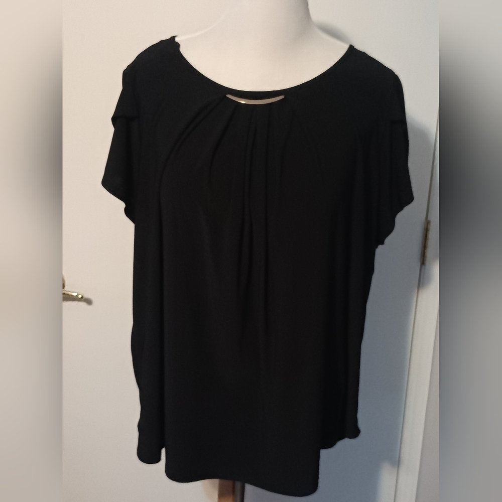 Womens AUW Black 3X blouse with flutter sleeves and pleated neckline
